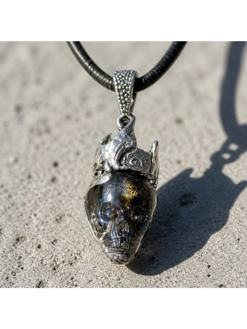 Gothic Elegance Aurora Crystal Skull Necklace | Black Onyx & Silver Metalwork
